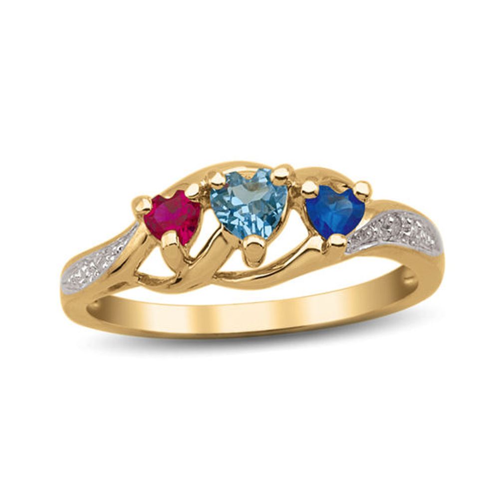 Mother's Heart-Shaped Birthstone and Diamond Accent Rolling Wave Ring (3 Stones)