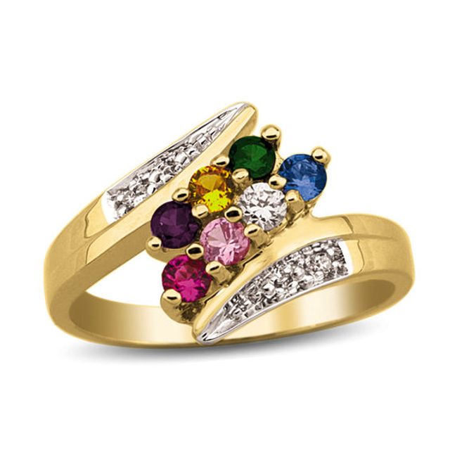Mother's Birthstone and Diamond Accent Double Row Bypass Ring (2-8 Stones)