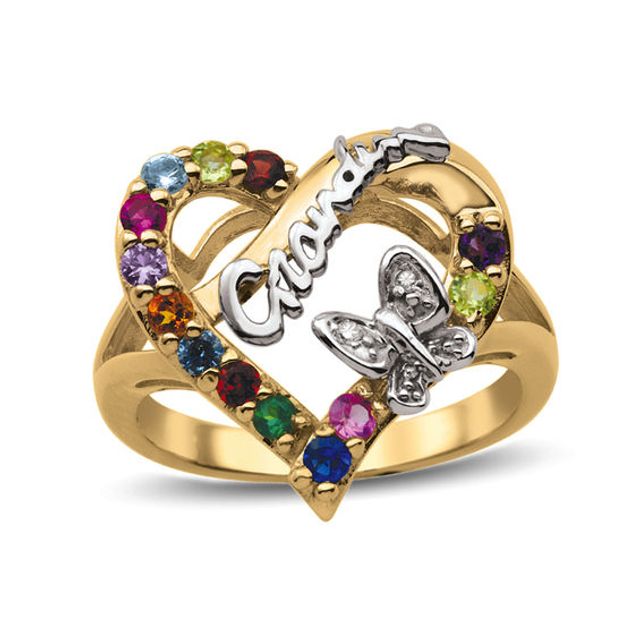 Grandmother's Birthstone and Diamond Accent Butterfly Heart Ring (13 Stones)