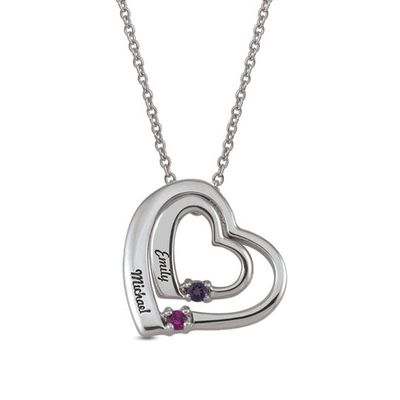 Couple's Birthstone Tilted Double Heart Outline Pendant (2 Stones and Names)