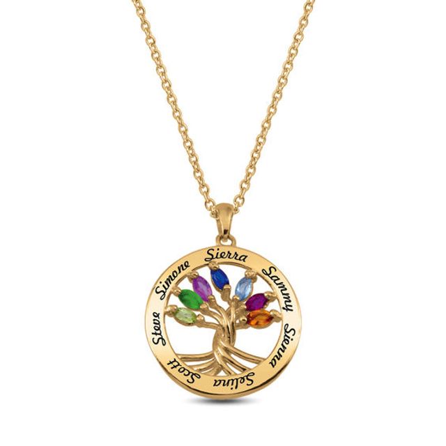 Mother's Marquise Birthstone Twisted Family Tree Circle Pendant (7 Stones and Names)