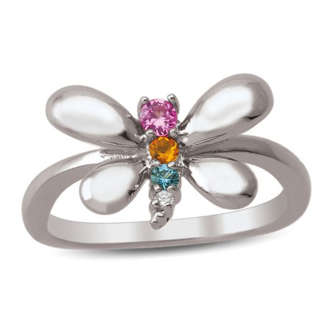 Mother's Birthstone and Diamond Accent Dragonfly Ring (3 Stones)