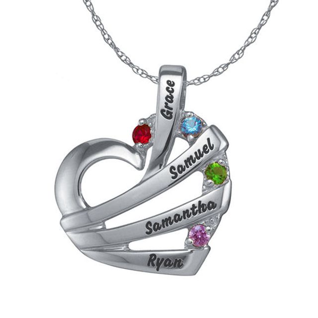 Mother's Birthstone Ribbon Wrapped Tilted Heart Pendant (1-4 Stones and Names)