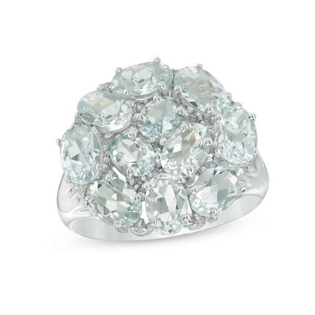 Oval Aquamarine and Diamond Accent Cluster Ring in 10K White Gold