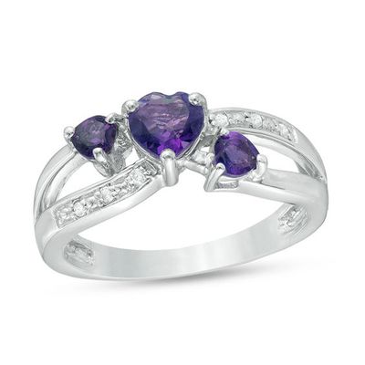 Heart-Shaped Amethyst and Diamond Accent Three Stone Ring in Sterling Silver