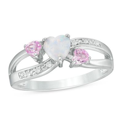 Heart-Shaped Lab-Created Opal, Pink Sapphire and Diamond Accent Three Stone Ring Sterling Silver