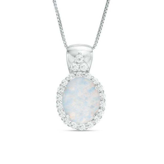 Oval Lab-Created Opal and White Topaz Frame Pendant in Sterling Silver
