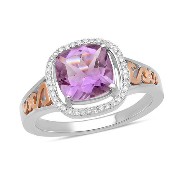 Open Hearts by Jane Seymourâ¢ Cushion-Cut Amethyst and 1/10 CT. T.w. Diamond Frame Ring in Sterling Silver
