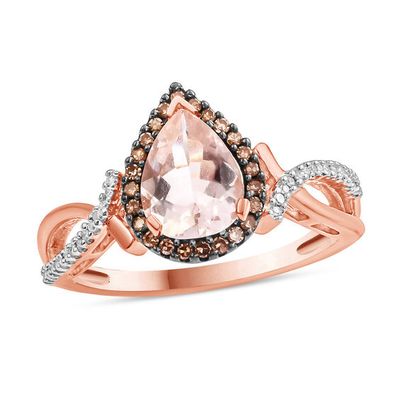 Pear-Shaped Morganite and 1/6 CT. T.w. Champagne and White Diamond Frame Ring in 10K Rose Gold and Black Rhodium
