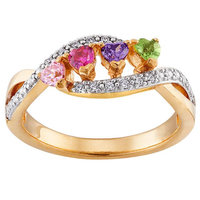 Mother's Heart-Shaped Simulated Birthstone and Cubic Zirconia Ring in Sterling Silver with 18K Gold Plate (1-4 Stones)