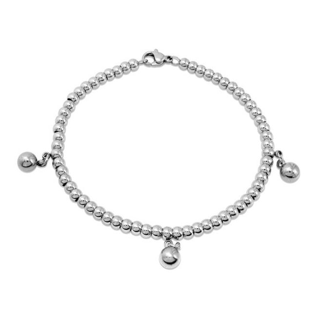Three Ball Charm Anklet in Stainless Steel - 9.0"