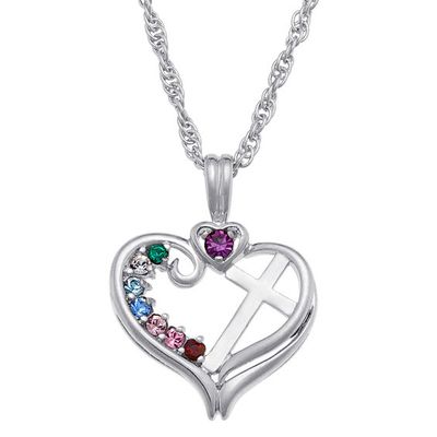 Simulated Birthstone Heart Cross Pendant (2-8 Stones) - 20"