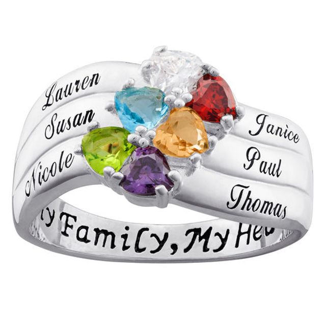 Mother's Heart-Shaped Simulated Birthstone Ring in Sterling Silver (6 Stones and Names)