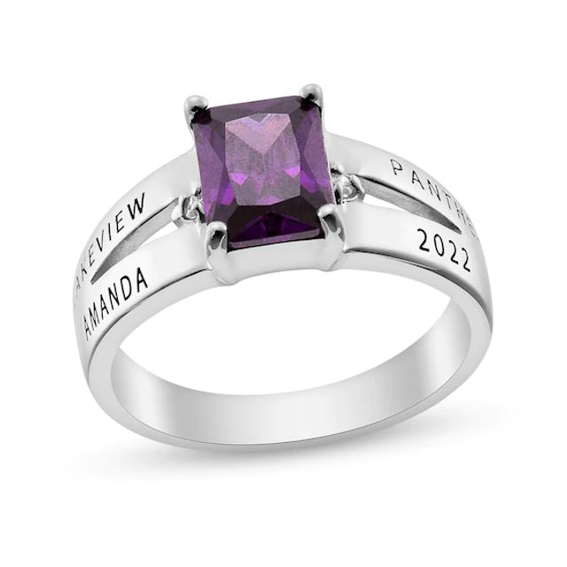 Emerald-Cut Simulated Birthstone and Cubic Zirconia Split Shank Class Ring (1 Stone, 1 Date and 3 Lines)