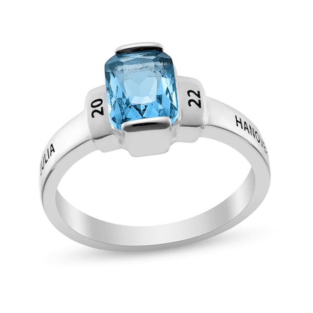 Emerald-Cut Simulated Birthstone Collared Class Ring in Sterling Silver (4 Lines)