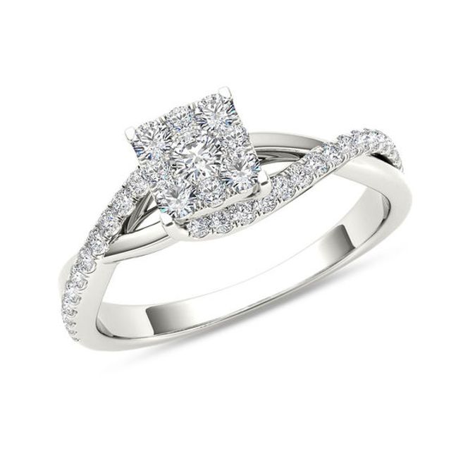 1/2 CT. T.w. Composite Diamond Square Bypass Twist Shank Engagement Ring in 14K White Gold