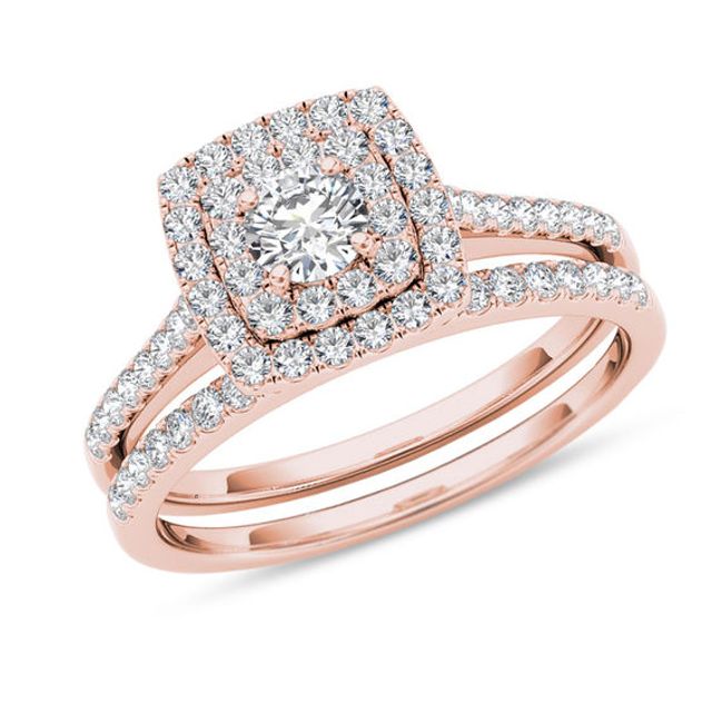 3/4 CT. T.w. Diamond Double Cushion Frame Bridal Set in 14K Rose Gold