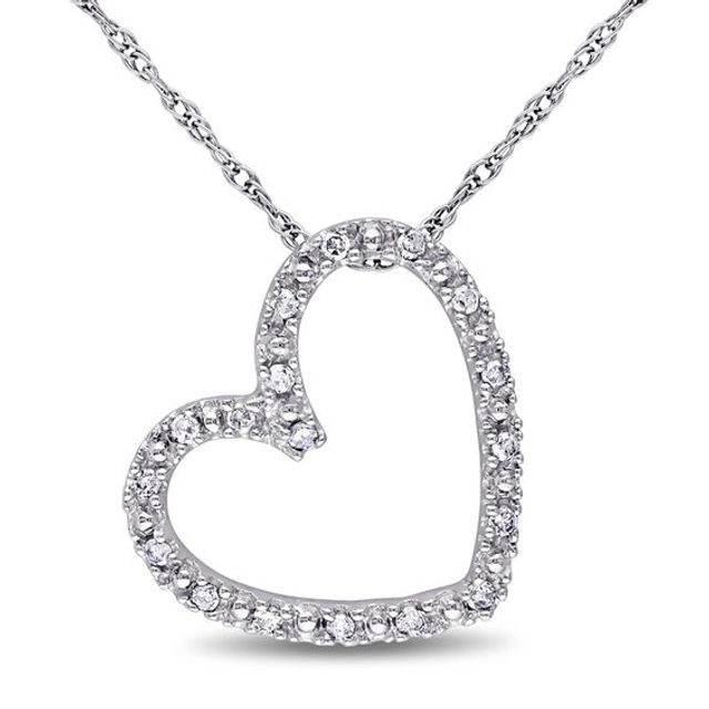 1/10 CT. T.w. Diamond Tilted Heart Pendant in 10K White Gold - 17"