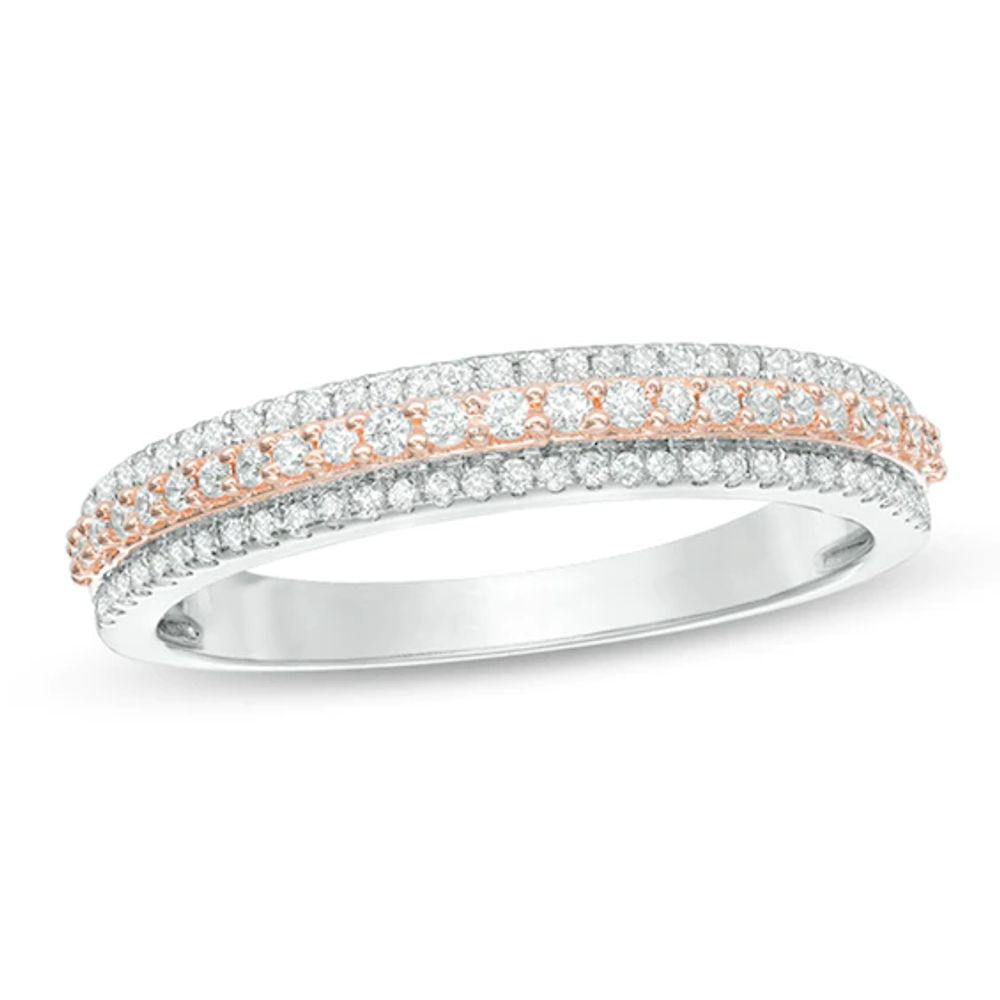 1/4 CT. T.w. Diamond Three Row Wedding Band in 10K White Gold and Rose Rhodium