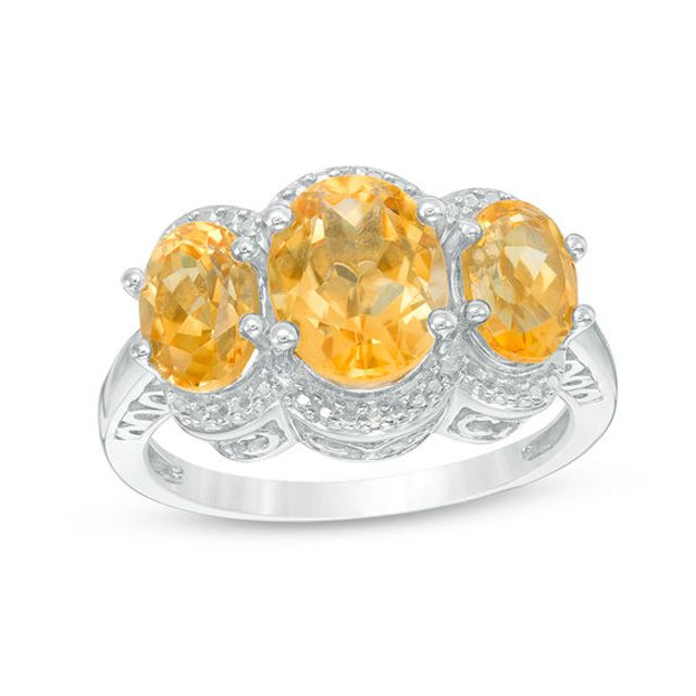 Oval Citrine and Diamond Accent Three Stone Frame Ring Sterling Silver