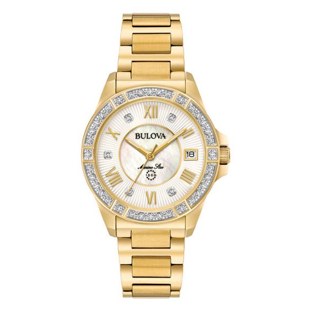 Ladies' Bulova Marine Star Diamond Accent Gold-Tone Watch with Mother-of-Pearl Dial (Model: 98R235)