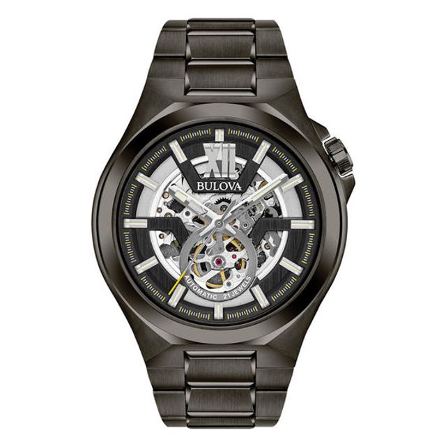 Men's Bulova Automatic Grey IP Watch with Black Skeleton Dial (Model: 98A179)