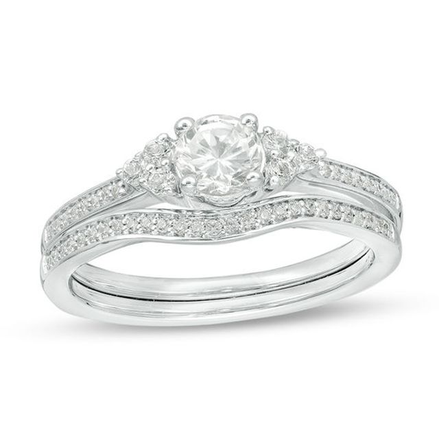 Lab-Created White Sapphire and 1/10 CT. T.w. Diamond Tri-Sides Bridal Set in Sterling Silver