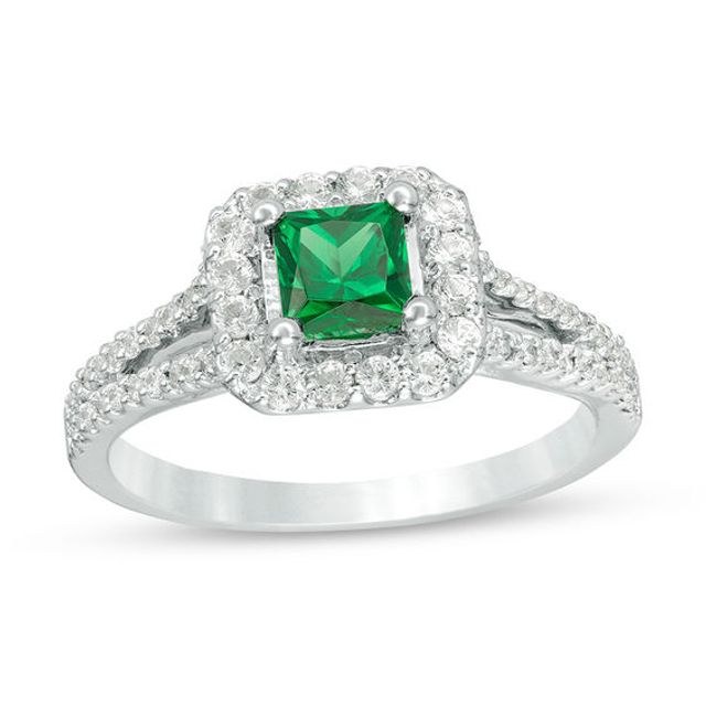 Princess-Cut Lab-Created Emerald, White Sapphire and 1/4 CT. T.w. Diamond Frame Engagement Ring in Sterling Silver