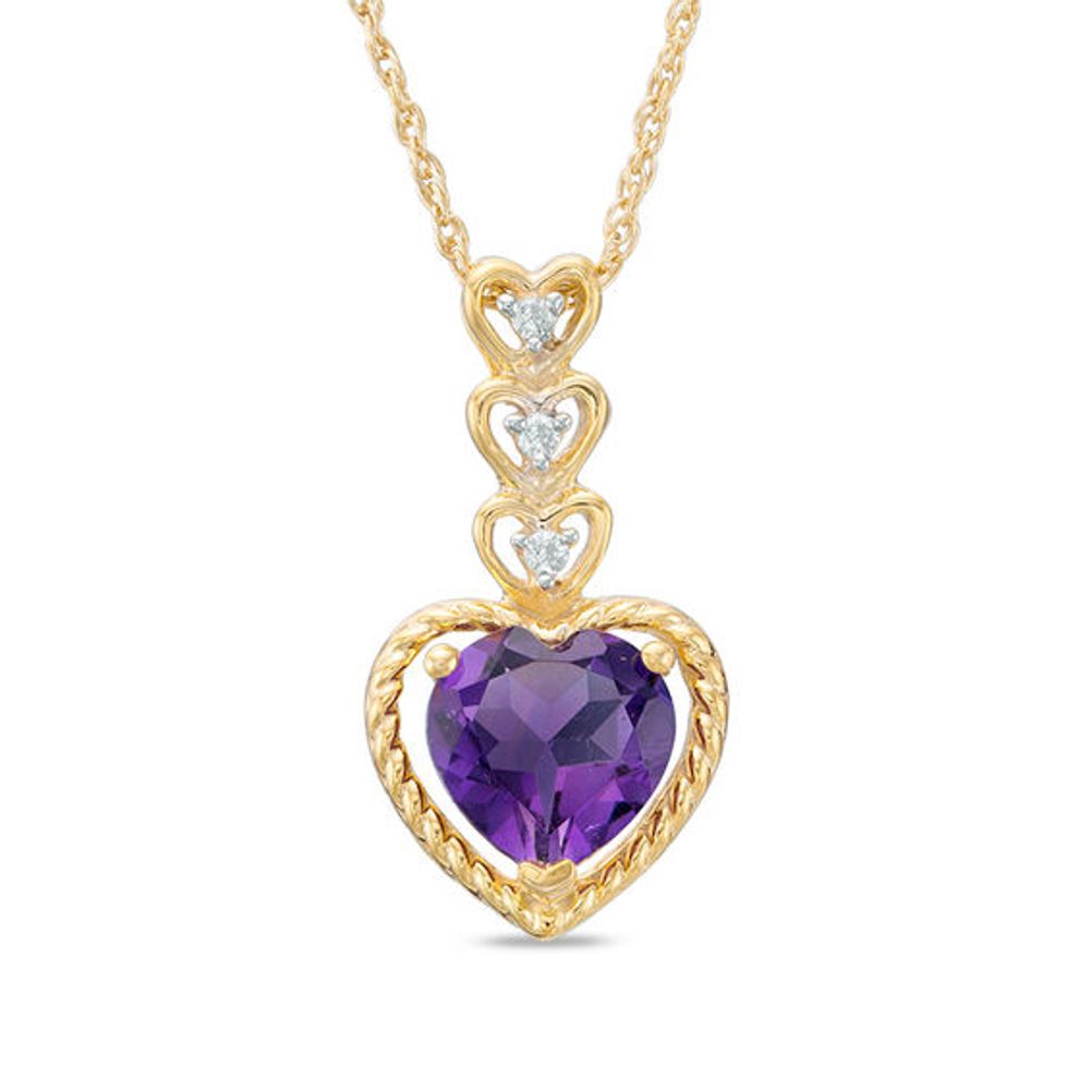 7.0mm Heart-Shaped Amethyst and Diamond Accent Drop Pendant in 10K Gold