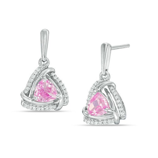 5.0mm Trillion-Cut Lab-Created Pink Sapphire and 1/6 CT. T.w. Diamond Swirl Frame Drop Earrings in Sterling Silver