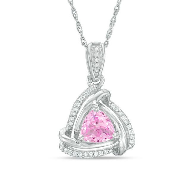 6.0mm Trillion-Cut Lab-Created Pink Sapphire and Diamond Accent Swirl Frame Pendant in Sterling Silver