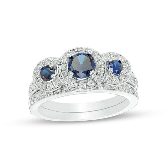 Lab-Created Blue and White Sapphire Frame Three Stone Bridal Set in 10K White Gold