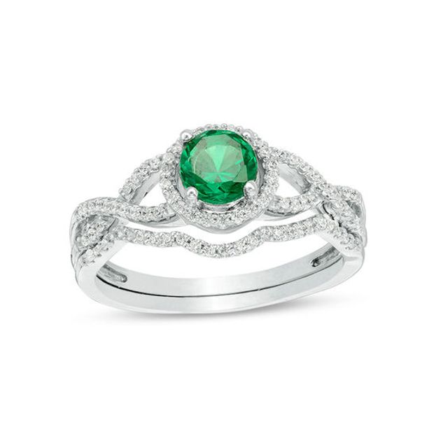 5.2mm Lab-Created Emerald and 1/4 CT. T.w. Diamond Twist Shank Bridal Set in 10K White Gold