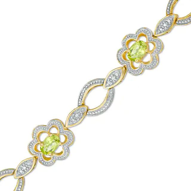 Oval Peridot and Diamond Accent Flower Link Bracelet in Sterling Silver with 14K Gold Plate - 7.25"