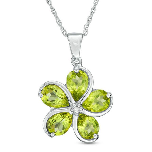 Pear-Shaped Peridot and Diamond Accent Flower Pendant in Sterling Silver