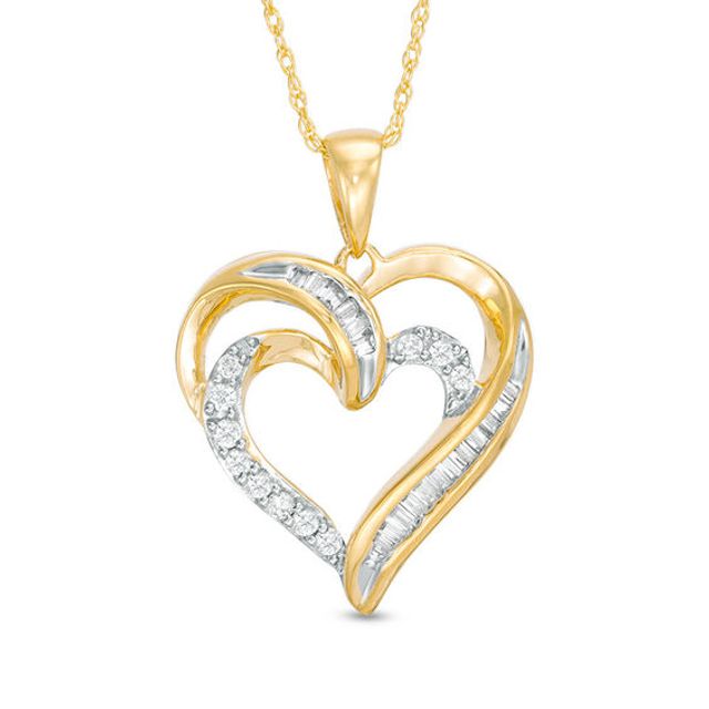 1/4 CT. T.w. Baguette and Round Diamond Double Heart Pendant in 10K Gold