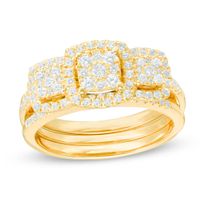 3/4 CT. T.w. Composite Diamond Three Stone Cushion Frame Bridal Set in 10K Gold