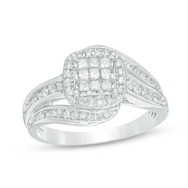 1/2 CT. T.w. Princess-Cut Composite Diamond Frame Swirl Bypass Engagement Ring in 10K White Gold