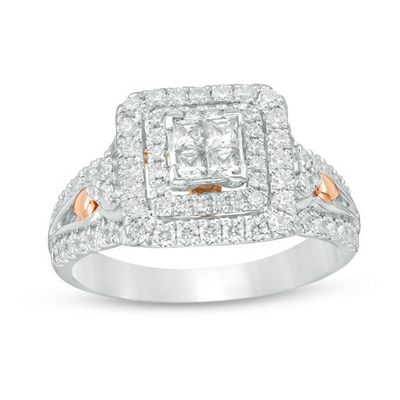 1 CT. T.w. Quad Princess-Cut Diamond Double Frame Tri-Sides Engagement Ring in 14K Two-Tone Gold