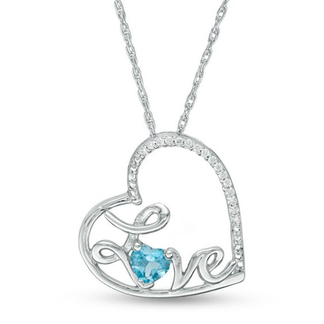 Heart-Shaped Blue Topaz and Diamond Accent Tilted "Love" Pendant in Sterling Silver