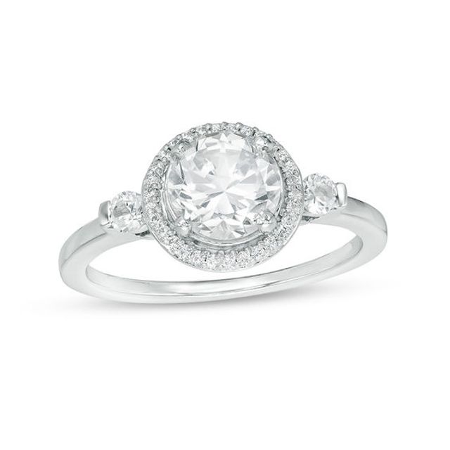 Lab-Created White Sapphire and 1/6 CT. T.w. Diamond Frame Three Stone Ring in Sterling Silver