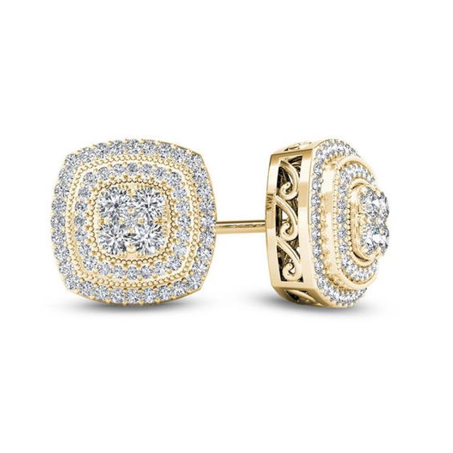 1/2 CT. T.w. Multi-Diamond Vintage-Style Double Cushion Frame Stud Earrings in 10K Gold