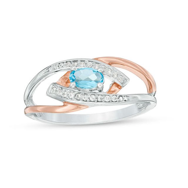 Oval Aquamarine and Diamond Accent Split Shank Ring in Sterling Silver and 10K Rose Gold