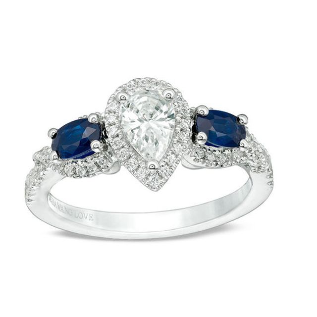 Vera Wang Love Collection 3/4 CT. T.w. Pear-Shaped Diamond and Oval Sapphire Three Stone Ring in 14K White Gold