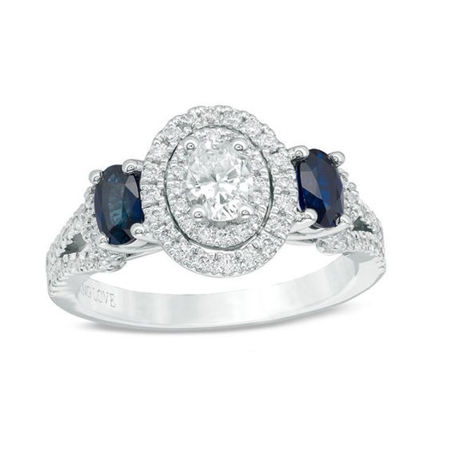 Vera Wang Love Collection 3/4 CT. T.w. Oval Diamond and Blue Sapphire Three Stone Ring in 14K White Gold