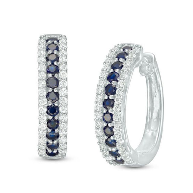 Lab-Created Blue and White Sapphire Three Row Hoop Earrings in Sterling Silver