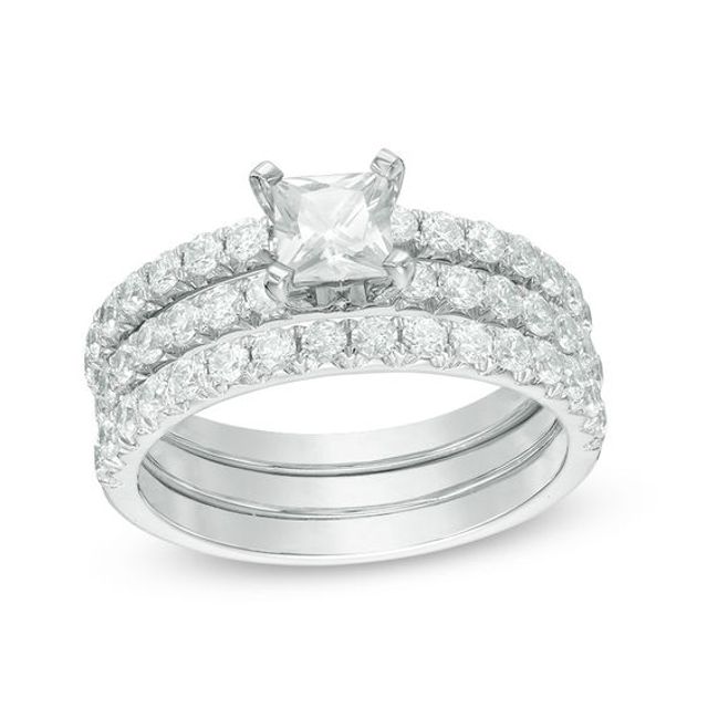 Celebration Ideal 1-5/8 CT. T.w. Princess-Cut Certified Diamond Three-Piece Bridal Set in 14K White Gold (I/I1)