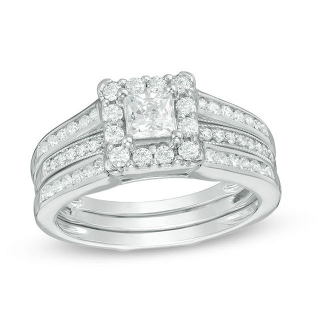 1 CT. T.w. Princess-Cut Diamond Frame Bridal Set in 14K White Gold