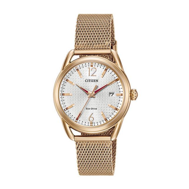 Ladies' Drive from Citizen Eco-DriveÂ® LTR Rose-Tone Mesh Watch with Silver-Tone Dial (Model: Fe6083-72A)