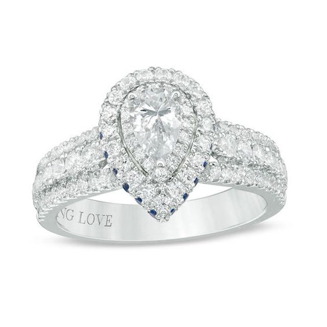 Vera Wang Love Collection 1 CT. T.w. Pear-Shaped Diamond and Sapphire Double Frame Engagement Ring in 14K White Gold